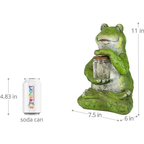 Solar Frog Statue with LED Firefly Lights Glass Jar -  7"L x 6"W x 11"H - Picture 5 of 6